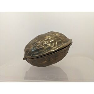 Vintage Brass Walnut Nutcracker Hinged Trinket Box Heavy Metal Rustic Decor